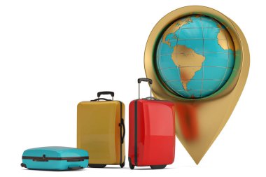 Seyahat kavramı bavul ve beyaz arka plan üzerinde 3d illüstrasyon izole küre.