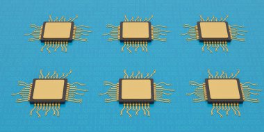 Merkezi bilgisayar işlemci cpu üzerinde mavi arka plan 3d çizim.