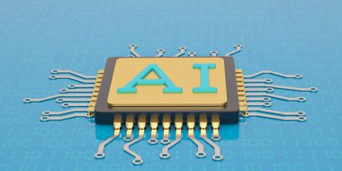 Merkezi bilgisayar işlemci CPU AI ile oturum arka plan 3d illüstrasyon mavi.
