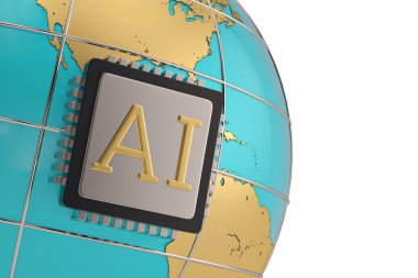 Merkezi bilgisayar işlemci CPU AI ile oturum 3d illüstrasyon küre.