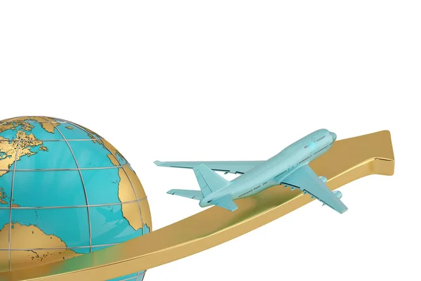 Blaues Düsenflugzeug Und Globus Mit Pfeil Isoliert Auf Weißem Hintergrund — Stockfoto