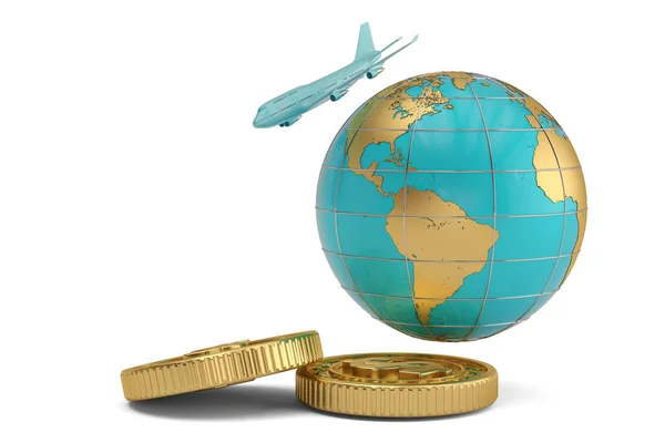 Avión Globo Jet Azul Con Monedas Oro Aisladas Sobre Fondo — Foto de Stock