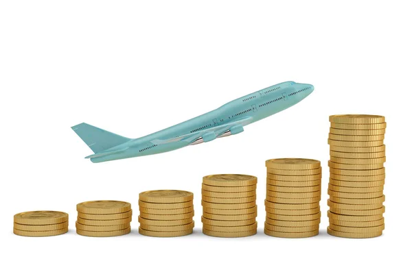 Avión Jet Azul Monedas Oro Aisladas Sobre Fondo Blanco Ilustración — Foto de Stock