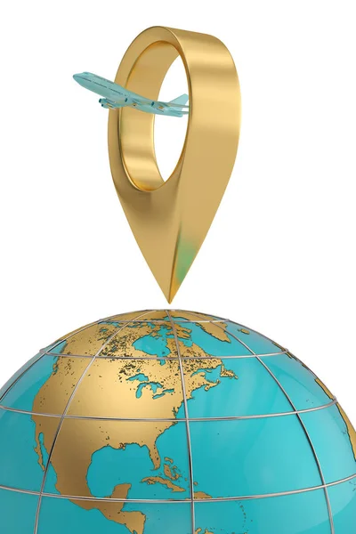 A big map point with airplane and globe 3D illustration.
