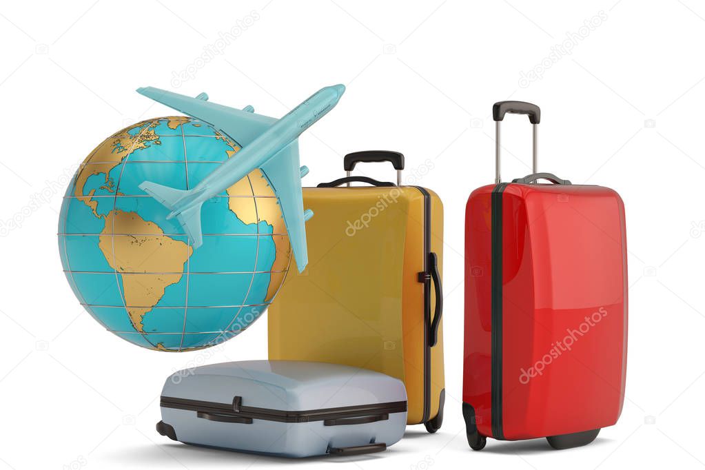 Travel concept suitcase and globe isolated on white background 3D illustration.