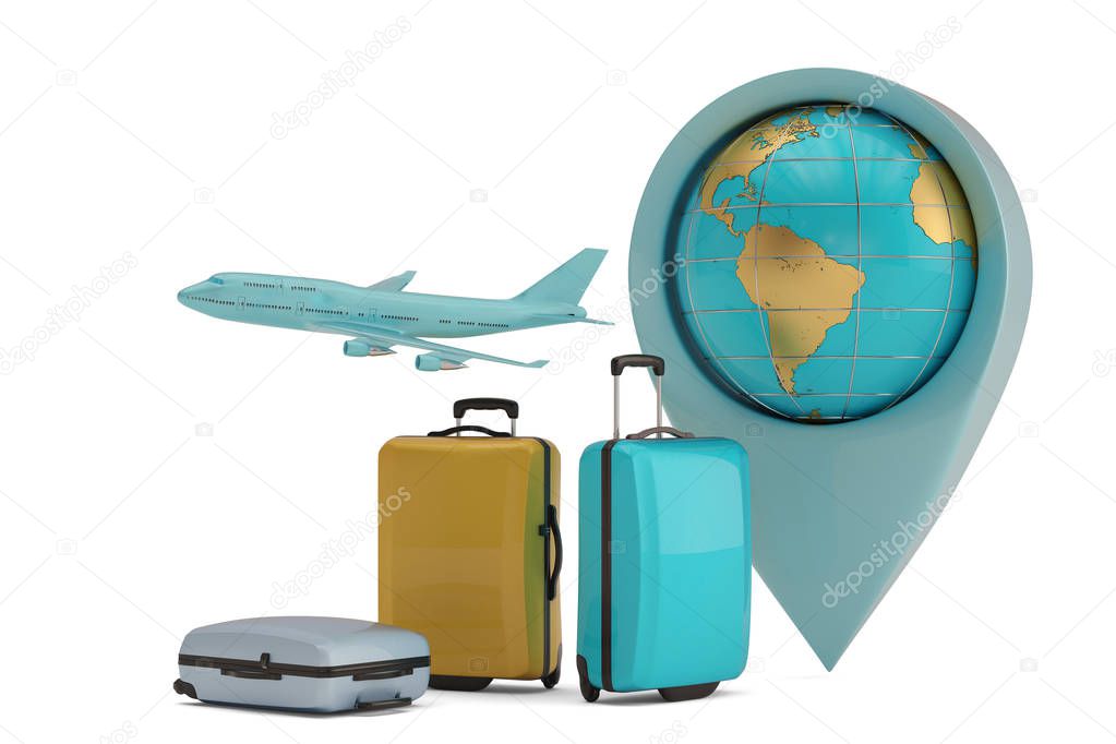 Travel concept suitcase and globe isolated on white background 3D illustration