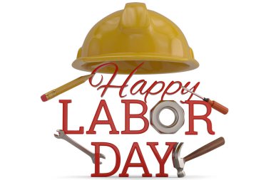 Mutlu İşçi Bayramı ve beyaz arka plan üzerinde 3d illüstrasyon izole kask.