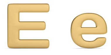 Beyaz arka plan üzerinde izole altın katı alfabesinden e harfi. 3D çizim.