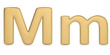 Beyaz arka plan üzerinde izole altın katı alfabesinden mektup m. 3D çizim.