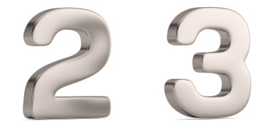 Beyaz arka plan üzerinde izole çelik sağlam alfabesinden rakamı 2 ve 3. 3D çizim.