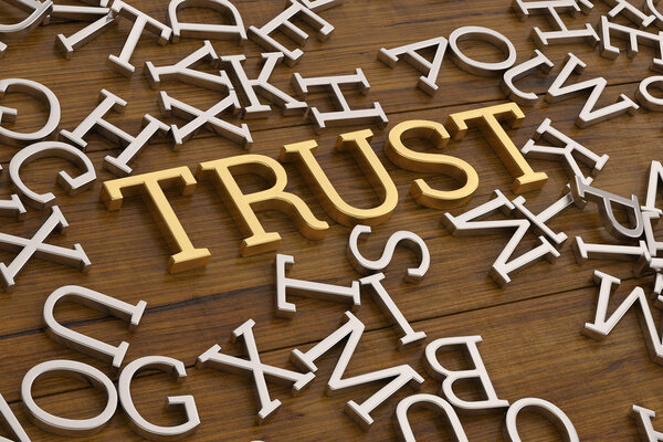 Golden trust text and steel alphabet on wooden board 3D illustration.