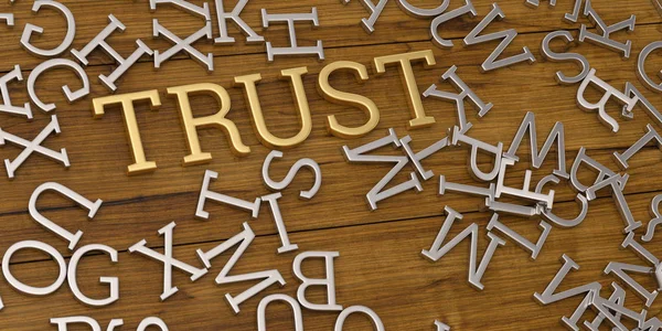 Golden trust text and steel alphabet on wooden board 3D illustration.