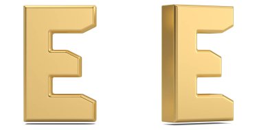 Beyaz arka plan üzerinde izole altın katı alfabesinden e harfi. 3D çizim.