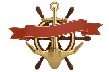 Gemi dümen ve beyaz arka plan üzerinde 3d illüstrasyon izole altın çapa.