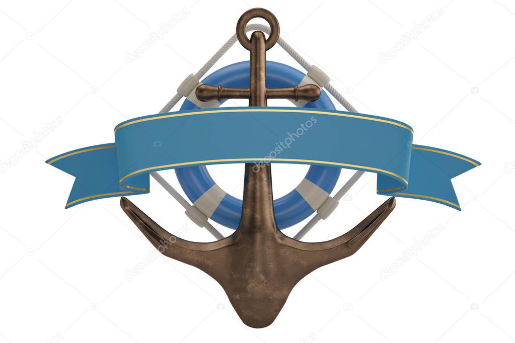 Ribbon and anchor with lifebuoy isolated on white background 3D illustration.