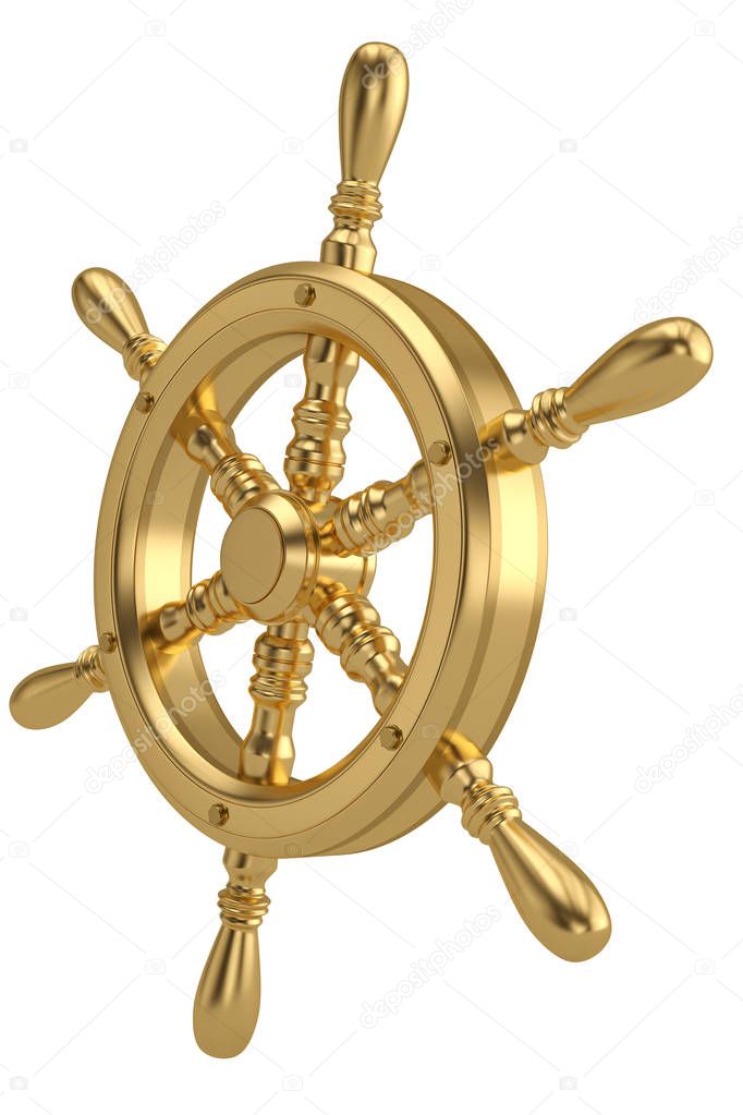 Golden ship steering wheel isolated on white background 3D illustration.