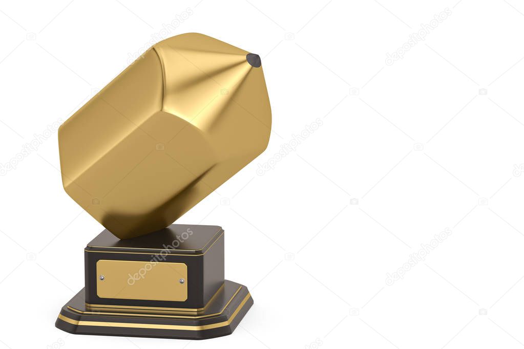 Gold pencil trophy isolated on white background 3D illustration.