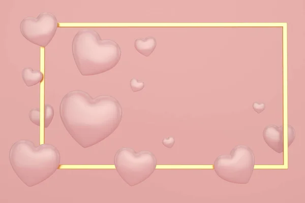 Hearts and gold frame valentines day background. 3D illustration
