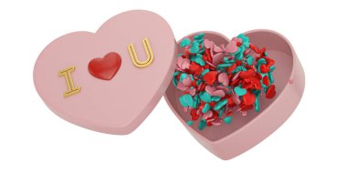 Kalp hediye kutusu ve beyaz arka plan üzerinde kalp şeklinde. 3D çizim.