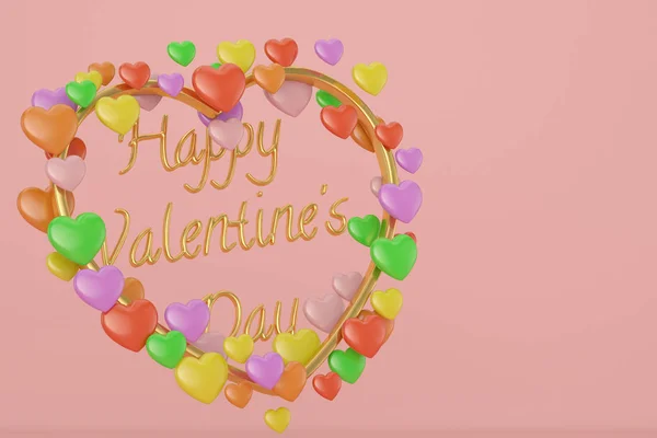 Hati Dan Bingkai Emas Latar Hari Valentine Yang Bahagia Ilustrasi — Stok Foto