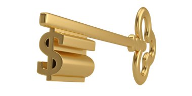 Altın anahtar beyaz arka plan üzerinde izole dolar simgesiyle. 3D çizim.