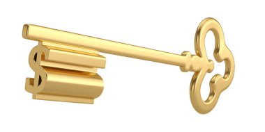 Altın anahtar beyaz arka plan üzerinde izole dolar simgesiyle. 3D çizim.