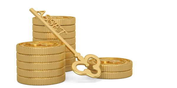 Gouden Actief Sleutel Gouden Munten Stapels Geïsoleerd Een Witte Achtergrond — Stockfoto