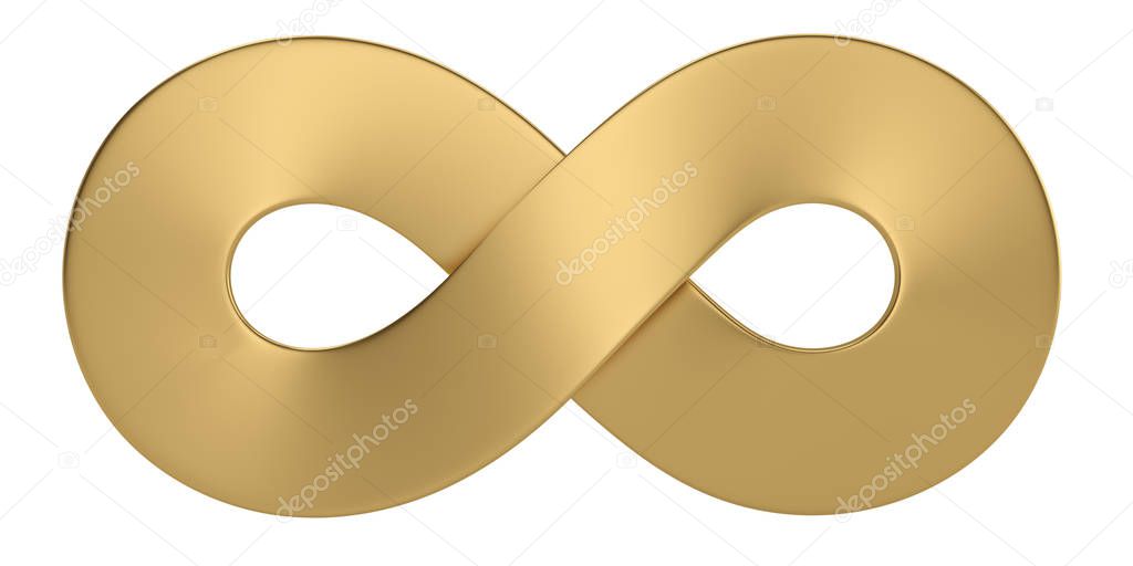 Gold unlimited symbol isolated on white background. 3D illustration.