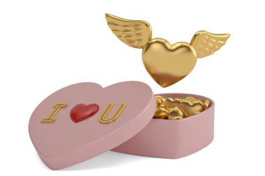 Kalp kanatları ve kutusunu mutlu Sevgililer günü arka plan ile. 3D hasta
