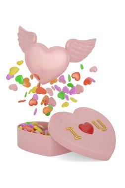 Kalp kanatları ve kutusunu mutlu Sevgililer günü arka plan ile. 3D hasta