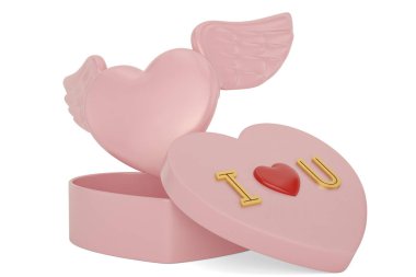 Kalp kanatları ve kutusunu mutlu Sevgililer günü arka plan ile. 3D hasta