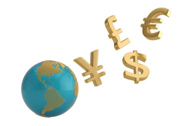 Para birimi simgesi beyaz arka plan üzerinde izole küre ile. 3D Hüseyin