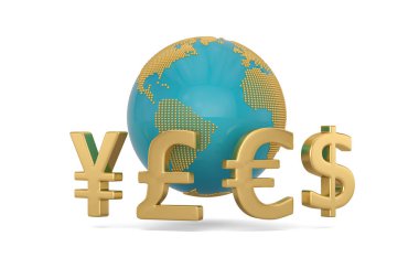 Para birimi simgesi beyaz arka plan üzerinde izole küre ile. 3D Hüseyin