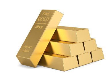 Altın külçeleri beyaz arka planda izole edilmiş. 3B illüstrasyon.