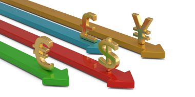 Para birimi simgesiyle ok beyaz arka plan üzerinde izole. 3D Hüseyin