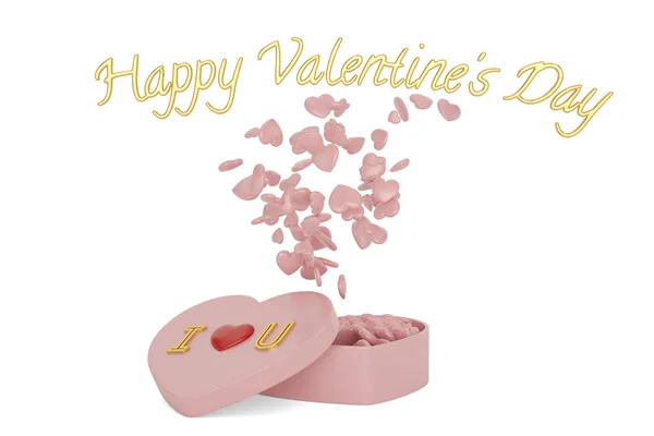 Herzen und Box glücklichen Valentinstag Hintergrund. 3D-Illustration. — Stockfoto