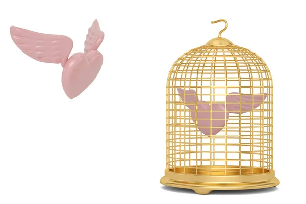 Coeur volant et cage à oiseaux isolés sur fond blanc. Illus 3D — Photo