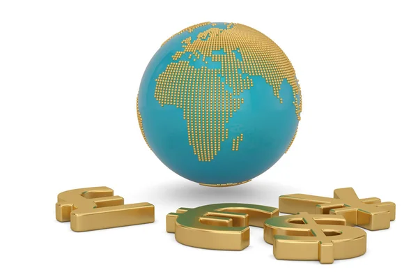 Währungssymbol mit Globus auf weißem Hintergrund. 3D-Illusion — Stockfoto