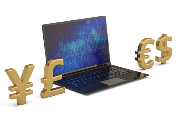 Simbolo di valuta con laptop isolato su sfondo bianco. Malattia 3D — Foto Stock