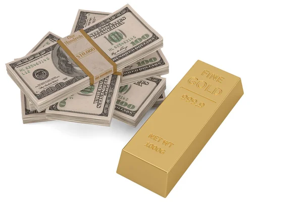 Goudstaaf en dollar geïsoleerd op een witte achtergrond. 3D illustrat — Stockfoto