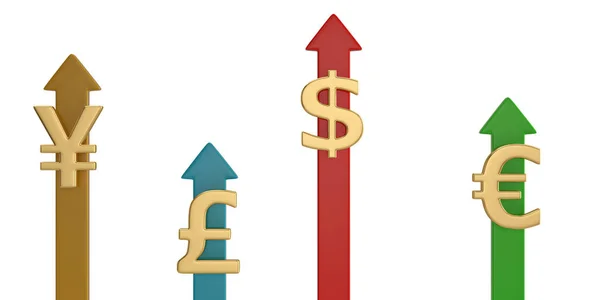 在白色背景上隔离箭头的货币符号。3d illu — 图库照片
