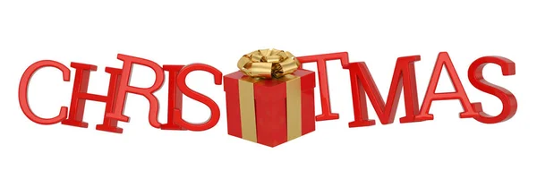 Geschenkdoos met Kerstmis letter op wit wordt geïsoleerd background 3d ik — Stockfoto