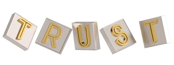 Confianza palabra cubo de oro aislado sobre fondo blanco 3D illustrat —  Fotos de Stock