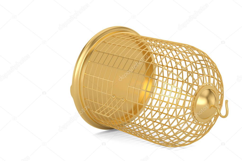 Golden birdcage isolated on white background. 3D illustration.