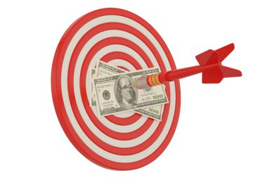 Beyaz arka plan 3D çizim üzerinde dart ve dolar ile Bullseye