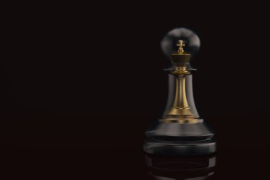 Siyah arka planda siyah piyon bir altın kral. 3D çizim.