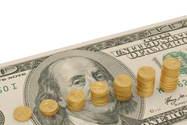 Beyaz arka plan üzerinde dolar altın sikke. 3D çizim.