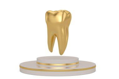 Beyaz arka planda izole stand ile altın diş. 3D ıllustrat