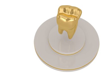 Beyaz arka planda izole stand ile altın diş. 3D ıllustrat