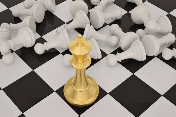 Gold chess king win vs pawns business concept of leadership 3D i — Stock Photo, Image